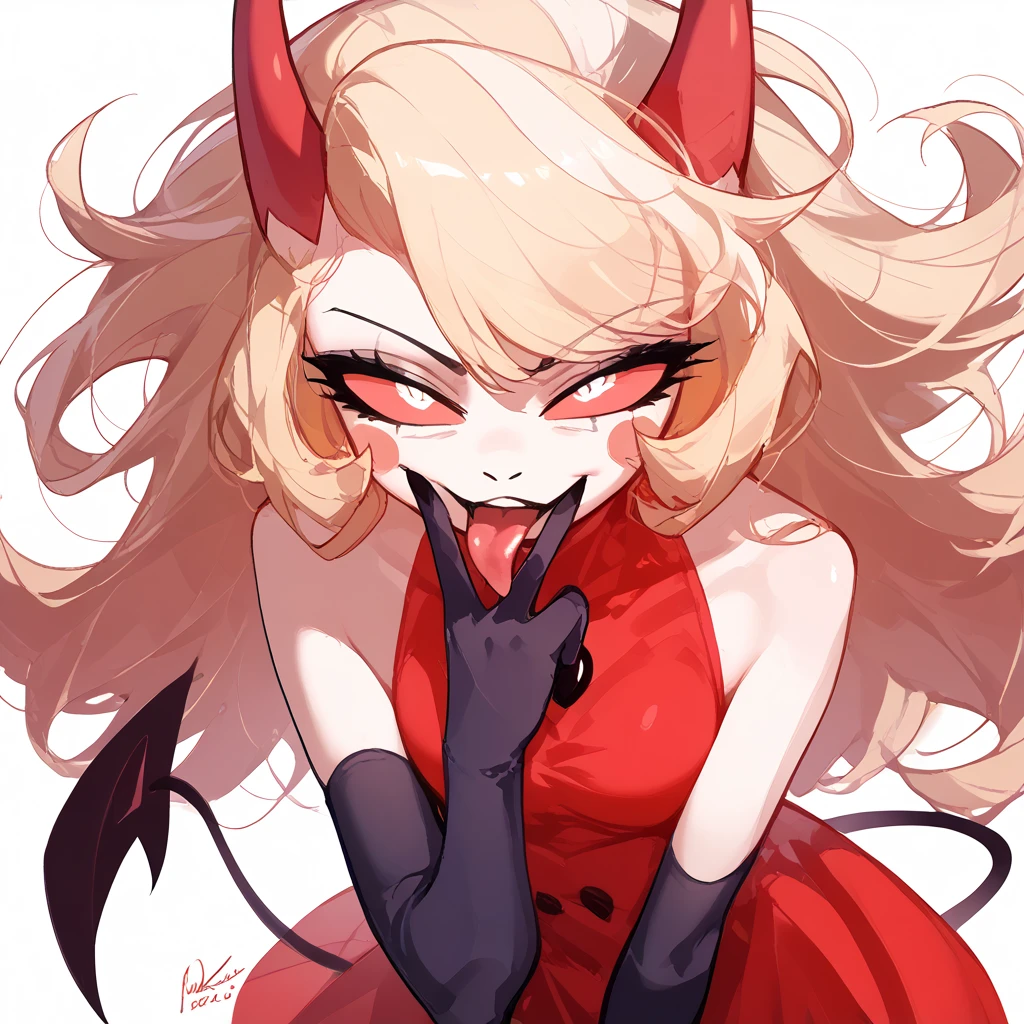 Charlie Morningstar, red horns, demon girl, demon tail, red sclera, white eyes, naughty face, smile, cunnilingus gesture, looking at viewer, bare shoulders, red dress, simple color, skinny, thin waist, tongue out, long hair, blonde, upper body, white background, 2D, sketch, 4 fingers, long tongue, simple color, cartoonized, lineart, Vixon's Pony Toon Styles - Invader Zim, black gloves, frown, seductive, floating hair, long hair, from above, sexy pose, open eyes, outline strokes, thick strokes, long hair, 