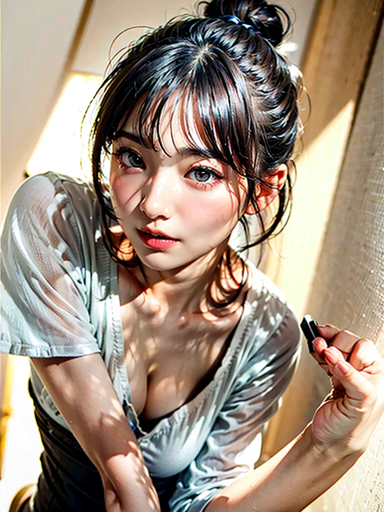 Black hair ponytail, Lying in bed, cute, Brown Eyes, Bra Panties Black