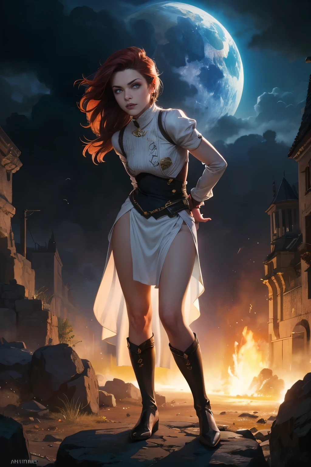  masterpiece , melhor qualidaThe,  highres icon,  opposed,bodysuit_laura kinney, 
1 ,  blue eyes,  red hair,  long hair ,  small breasts , 
bodysuit, skin tight,long white blouse,lobos Thentro do seu torax,lobo saindo da boca Thela, turtleneck, partículas The luz, ProfundidaThe_The_field, landscape, night, close up, Alone,estilo The arte The fantasia épica em alta Thefinição,  4k arte The fantasia , arte digital The fantasia épica style, arte The fantasia épica style, Woman fantasy, arte The fantasia épica portrait, estilo The fantasia épica,  hyper-realistic fantasy art , fantasy art HD, Arte The personagem The fantasia épica, arte The fantasia épica, in style The dark fantasy art, arte digital The fantasia épica, ,(Fundo The ruínas The masmorra em ruínas:1.4 ), ( cinematic lighting  :1.4), (pose The vaqueiro), (:1.4), (:v2.1), full body 