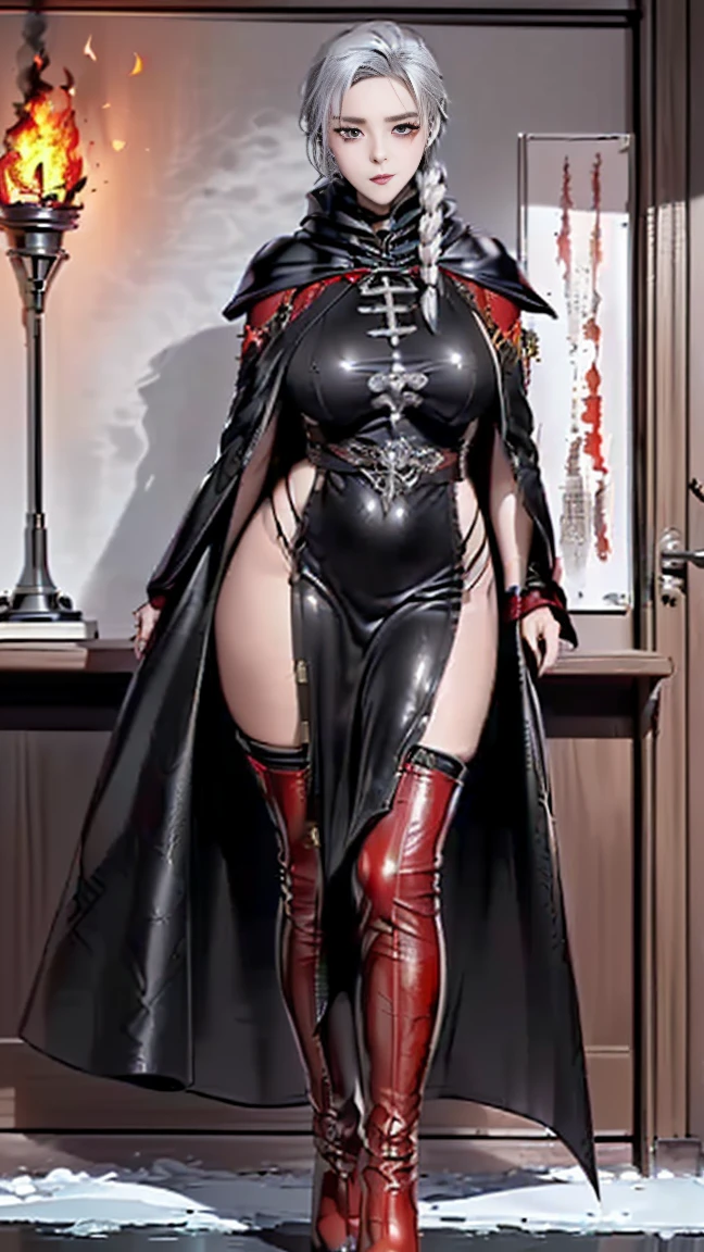 (Full body shot:1.3), Must show your face, anatomy correct, Stocking tights must be worn, Colorful,Vampires in red and white colors,Complex and diverse backgrounds,Strangling effect, High-heeled leather shoes, anklet, leg loops, collars, Heavy makeup, A shallow laugh, hyper HD, Ray traching, structurally correct, Award-Awarded, high detal, lightand shade contrast, Face lighting,cinmatic lighting, tmasterpiece, super detailing, high high quality, high detal, best qualityer, 16k