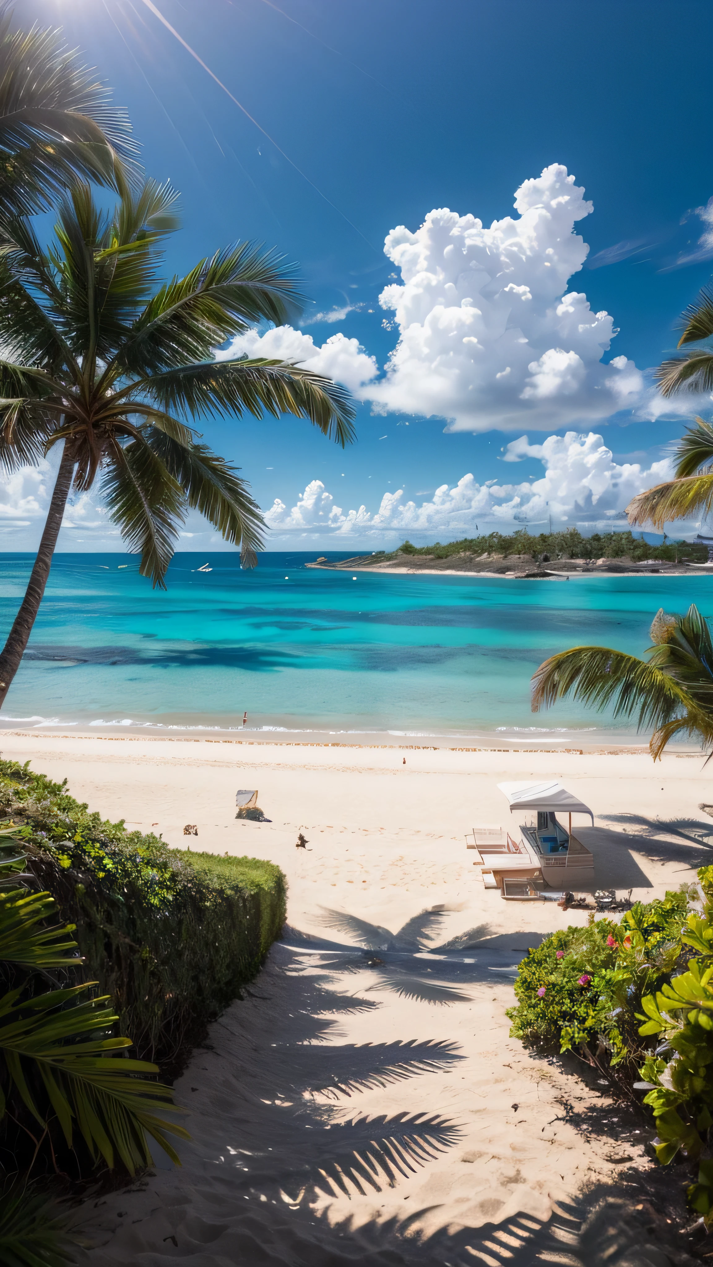 $$$ top quality $$$,  high res,  clear ,  Beach , boat, Hut,  palm tree, sand, sea, seagull, null,  sunny day, HD Scenery , Genuine, beautiful and amazing landscape Real photography s  tropical island  with blue sea and null,  tropical island ,  shot with Sony A7R --automatic 