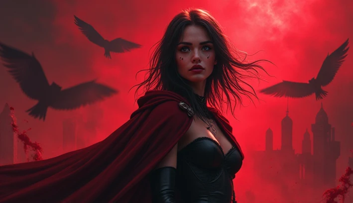 A small and slender half-elf woman with medium-length black e purple hair, wearing a dark red leather hooded outfit, holding poisoned daggers, cinematic lighting, digital art, concept art, fantasy, intricate details, chiaroscuro, dramatic shadows, muted colors, masterpiece, 4k, high quality, photo-realistic, hyper detailed, dramatic lighting, moody atmosphere, dark fantasy, elegant, graceful poses, mystical, alluring pronta para ação