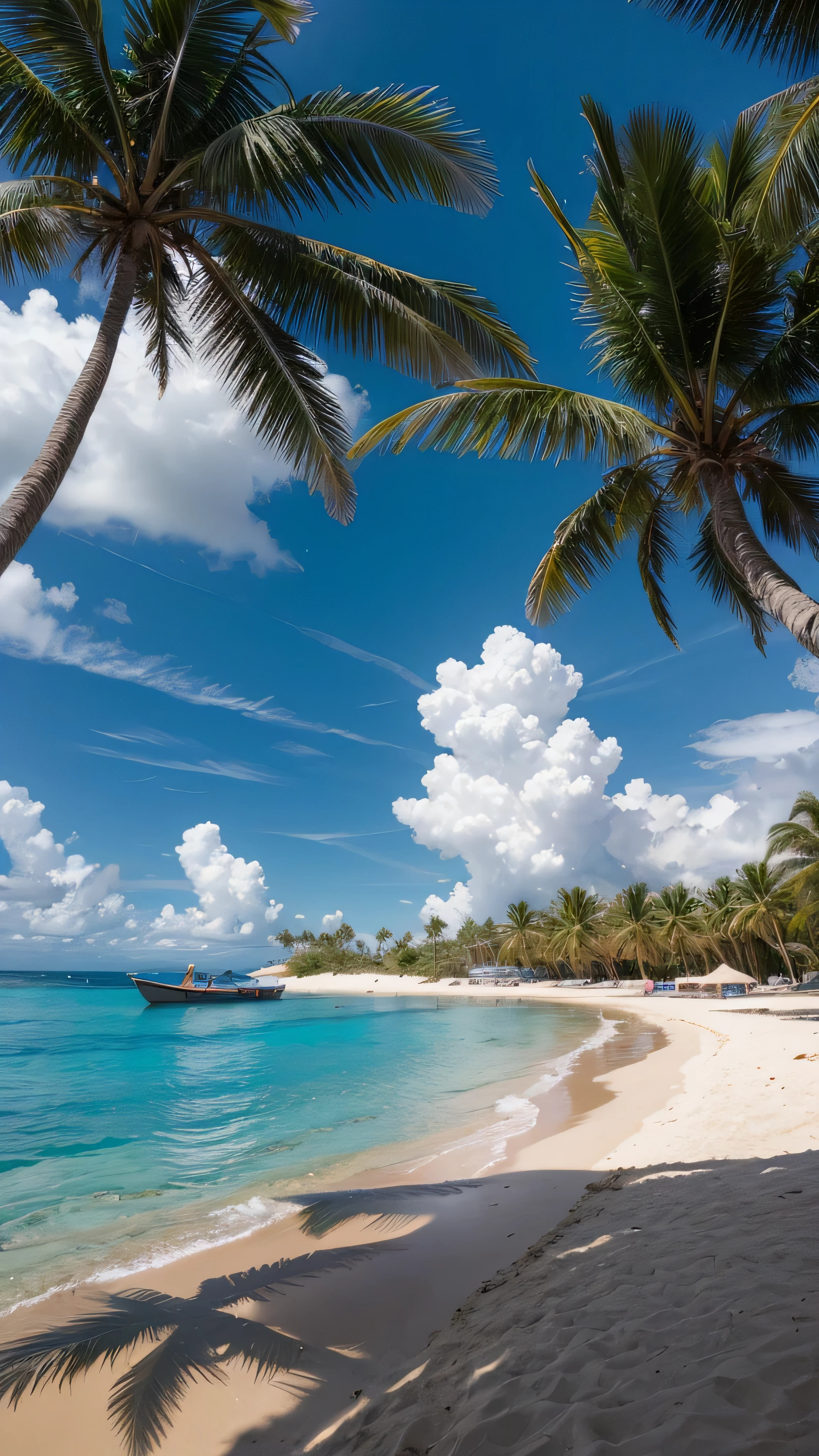 $$$ top quality $$$,  high res,  clear ,  Beach , boat, Hut,  palm tree, sand, sea, seagull, null,  sunny day, HD Scenery , Genuine, beautiful and amazing landscape Real photography s  tropical island  with blue sea and null,  tropical island ,  shot with Sony A7R --automatic 