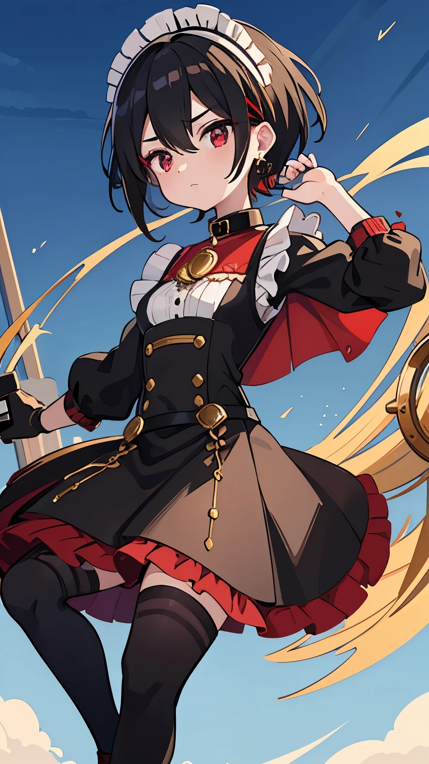 1girl, (2B), black hair, black with red tips hair, red eyes, blue sky, natural outdoors, black and gold and red boots, black and gold gloves, (((((earclip))))), using a earclip, elegant earclip, black with gold and red details skirt, black with gold and red details top, small hair ornament, red cape, gold and red and black details, (toned abs), (athletic abs), woman in dress holding sword, maid clothes, maid dress, anime girls in maid costumes, gorgeous maid, Anime Cosplay, Maid costume, victorian gothic lolita fashion, wearing a maid outfit, Cosplay, Mechanical maid illuminated by the pale moon、steampunk,blindfold, grey eyes, color saturation control, vivid colors, high definition, studio background