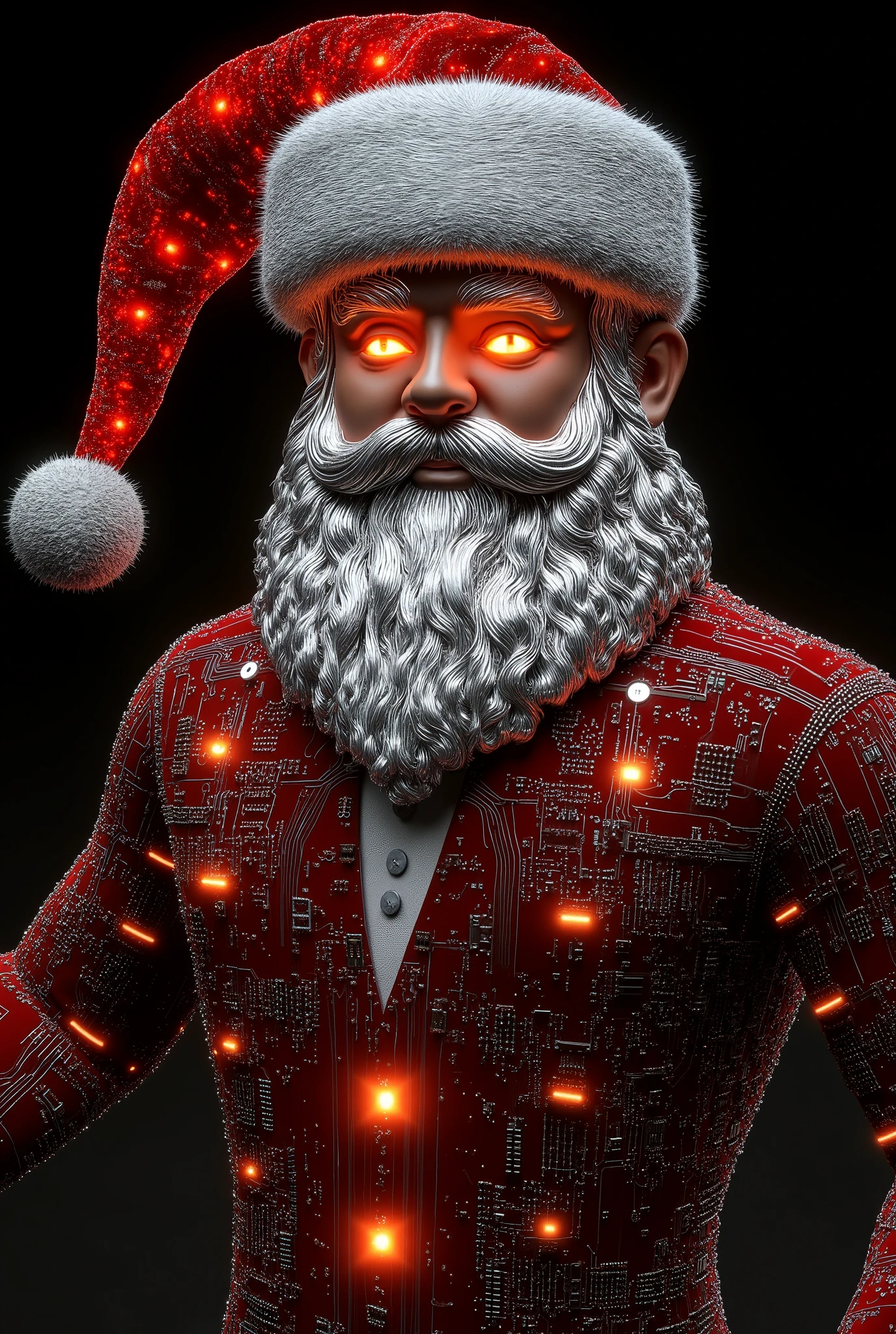 circuit paths style,Digital deity Kris Kringle composed of circuit paths,motherboard texture with glowing LED elements,silver traces forming a red velvet suit,quantum processor decoration,color scheme of crimson and gold,ray traced rendering.,3D model,3D rendering,photorealistic,