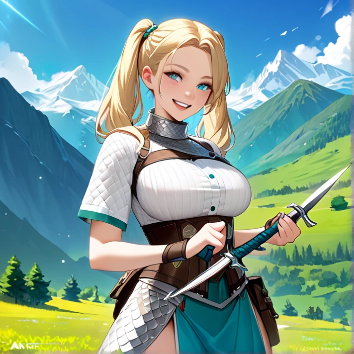 cassandra, blonde hair, blue eyes, ponytail,
shoulder armor, blue scarf, white hair ribbon, orange and white dress, belt , white elbow gloves, cleavage cutout, blue neckerchief, black thighhighs, shoes,
solo, smile, upper body,
morning, clouds, mountains,
(insanely detailed, beautiful detailed face, masterpiece, best quality) <lora:CassandraA:0.8>