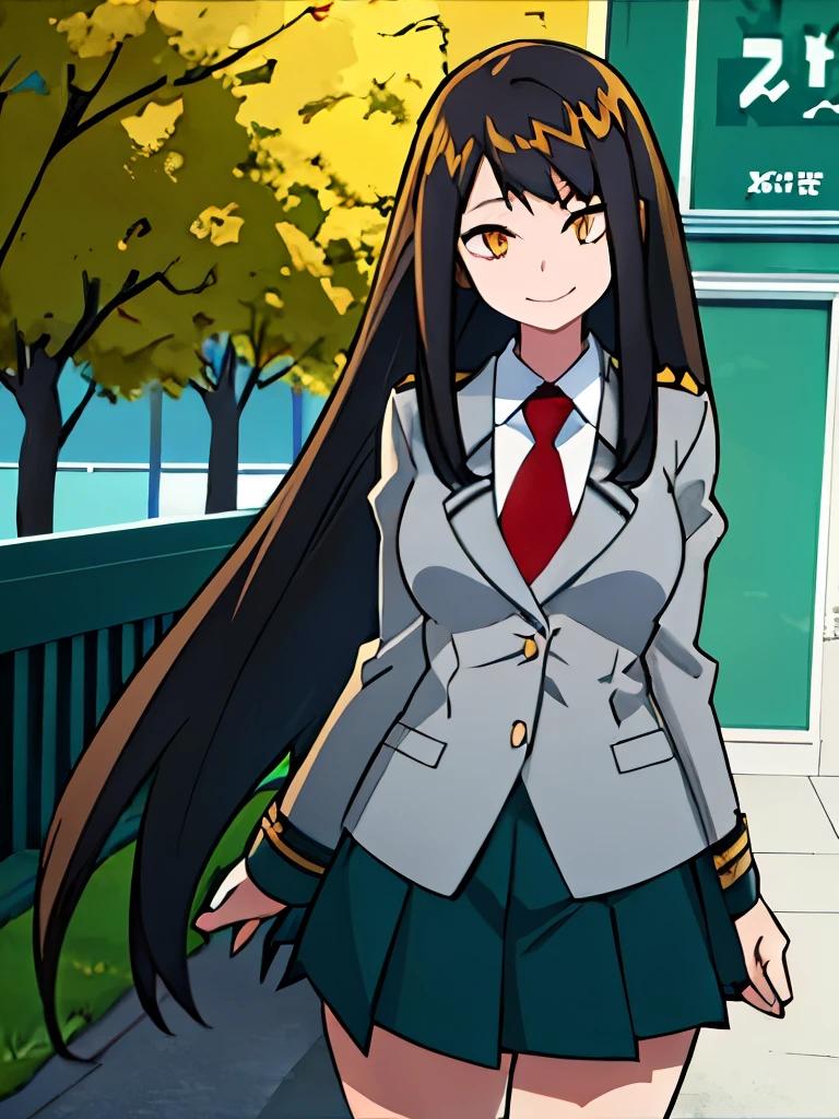  (leg-length hair) (look: happy) (clothing:  uniform of a schoolgirl.a) (Light grey blouse, red tie, Dark  green skirt ) ( big breasts)   school uniform  , shackles,  green skirt ,gray coat, atar, , smile, trees, ((flores)), bushes,alone,  cinematic lighting, shading, , , cabello amarillo,  yellow eyes, woman long hair, fur: white, cabello amarillo