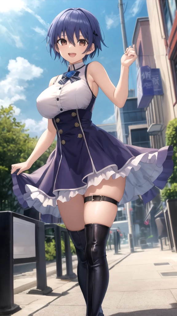 masterpiece, best quality, high quality, girl, solo, looking at viewer, itsuka_shidou, large breasts, sleeveless idol dress, very puffy skirt, flared skirt, thigh highs, heeled boots, standing, smile, open mouth, outdoors