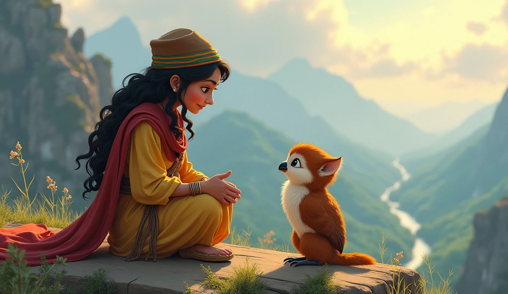 (Disney Pixar Style: 1.1), full body photo, A painting of a woman, Narayana Prabakala, Looking up, LONG BLACK HAIR, talking to a goat, with yellow scarf around her neck, Against the backdrop of a forest, (talking while sitting under a tree: 1.15), Wearing a torn dark brown shirt and tattered gray pants, dusty black work boots, on a summer afternoon