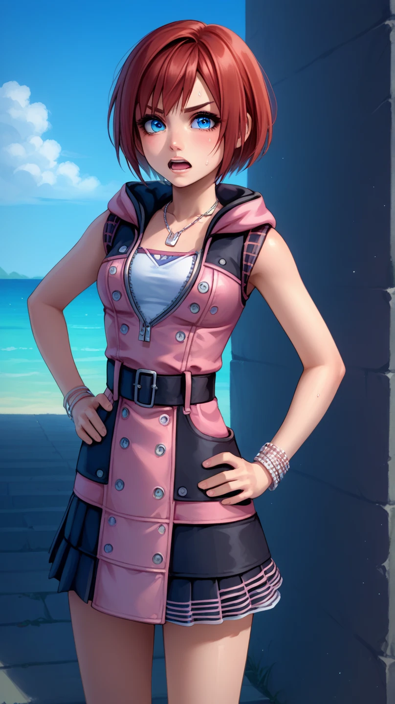 score_9, score_8_up, source_anime, highly detailed, 1girl, solo,
kairi, 1girl, solo, blue eyes, zipper, jewelry, boots, dress, necklace, short hair, red hair, pink tanktop, zipper pull tab, pleated dress, black short shorts, half body,
outdoor, hands on hips, out of breath, sweaty, frustrated expression,  open mouth