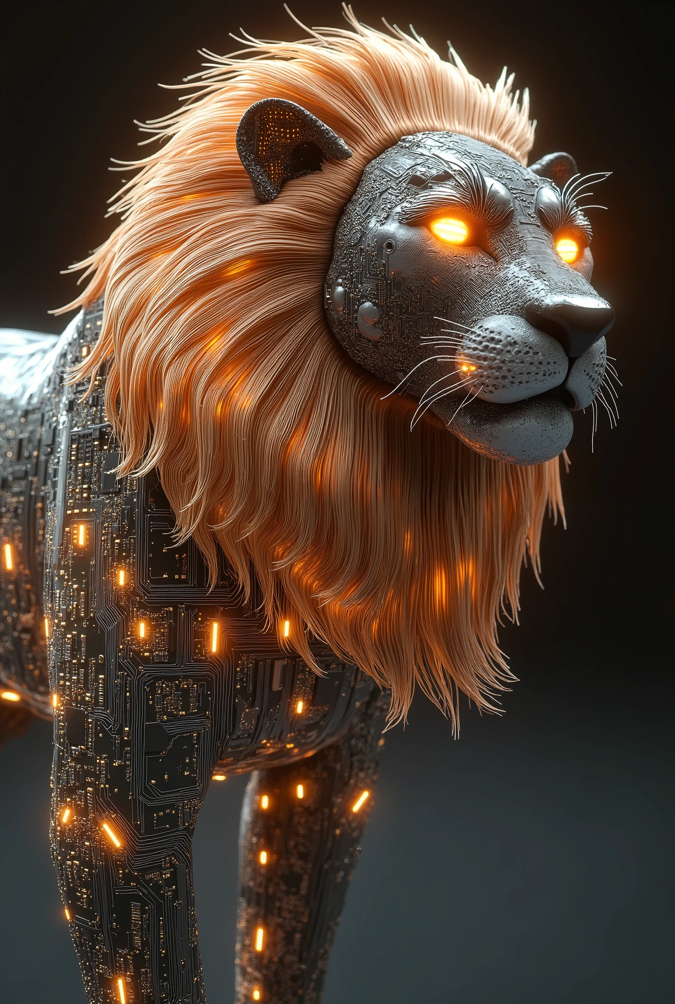 Digital deity lion adorned with intricate circuit paths, its mane composed of glowing LED elements. The motherboard texture forms the lion's body, with silver traces outlining its muscular form and majestic mane. Color scheme of golden brown and silver, rendered with ray tracing for a photorealistic effect.