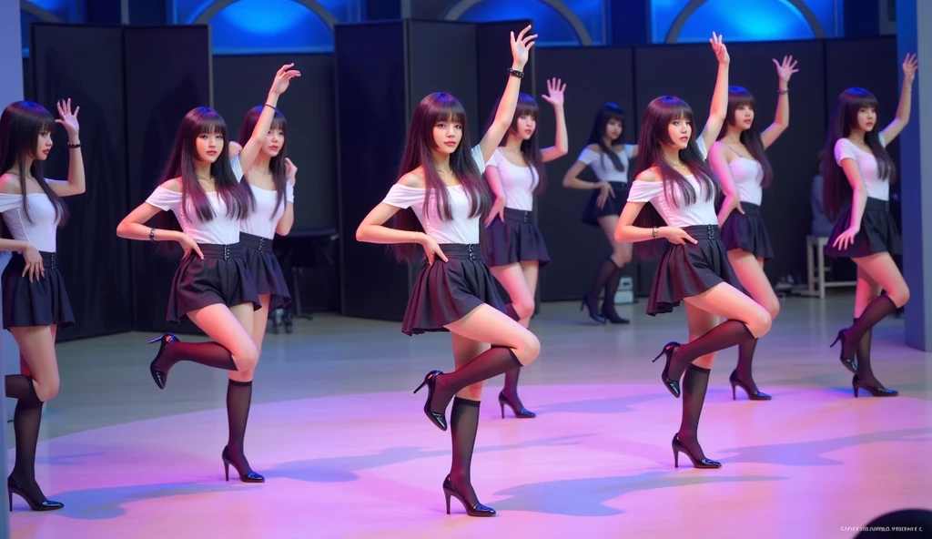 (masterpiece, best quality), high contrast, (4girls:1.2), anime wallpaper, lineup, Multiple_girls, idol outfits, (long skirt, frilly skirt:1.1), (from behind:1.2), stage, stage lights, concert, (crowd:1.1), dynamic pose, standing, woman, (headphones:1.1), (jacket, off shoulder jacket, sleeveless top:1.1), collared top, short hair, medium hair, sharp focus, light particles, (wide shot), sfw, detached collar, backboob, pantyhose, masterpiece, main stage, Korean girl band, mini dresses, crowd, cinematic, 5girls, lineup, Group_picture, multiple girls,