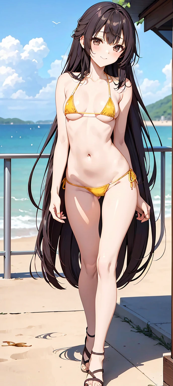 A 22 years old girl, 152cm height, 52kg weight, Brown eyes, brown fringed hair, wearing a bikini on the seaside, fit and toned, barefooted, full body picture,with a shy smile onto her face