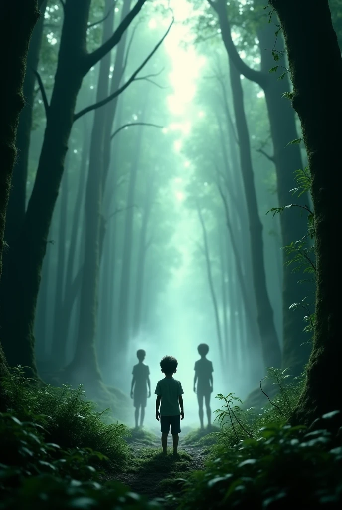 Movie effect,high-resolution details,HD wallpaper,offcial art,((Translucent aliens)),The body glows,Walk on the water and think,Forest Weed,Light and shadow effect,breathtaking scene,close up shot