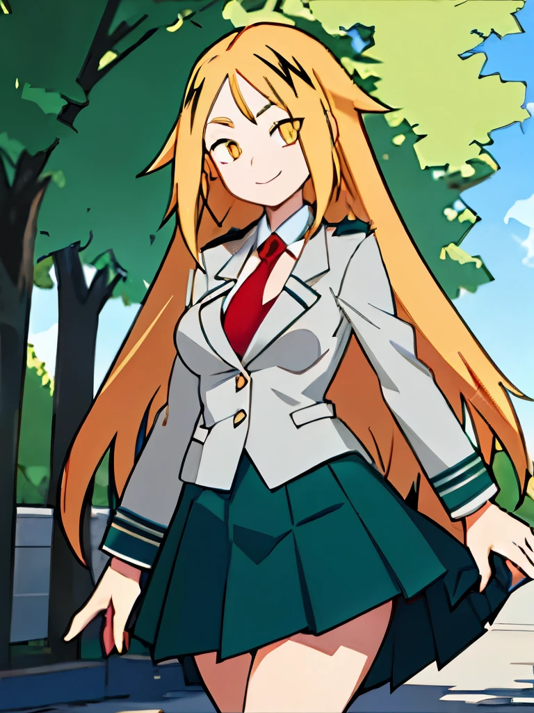  (leg-length hair) (look: happy) (clothing:  uniform of a schoolgirl.a) (Light grey blouse, red tie, Dark  green skirt ) ( big breasts)   school uniform  , shackles,  green skirt ,gray coat, atar, , smile, trees, ((flores)), bushes,alone,  cinematic lighting, shading, , ,  blond hair ,  yellow eyes, woman long hair, fur: white, cabello amarillo