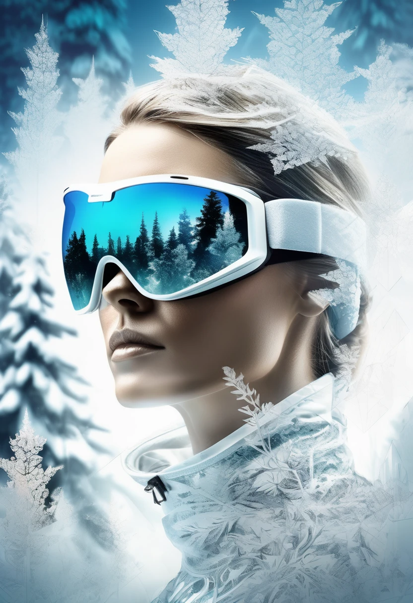 double exposure,  solid white background ,  Mysterious Silhouette Forest Woman, Wearing Enduro Goggles  ,  amazing depth , masterpiece,  surreal ,  Geometric Patterns ,  Exquisitely Depicted , Bokeh, Perfect balance,  Deep and Delicate Borders , Artistic Realism  , smooth, great masterpiece by head of prompt engineering, Frozen Ice Crystals  , side view,
