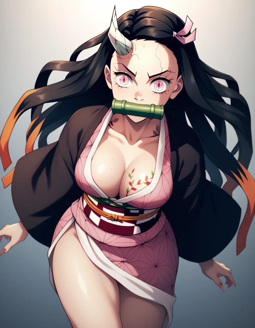 1 woman, full body, nezuko kamado oni mode, with bamboo in her mouth, demon slayer, Kimetsu no yaiba, beautiful, long hair, pink eyes, perfect, ultra hd, naked, showing her breasts, showing her pussy, nails like claws, perfect feet, demon slayer scenario, under a sakura tree, sakura leaves falling from the sky