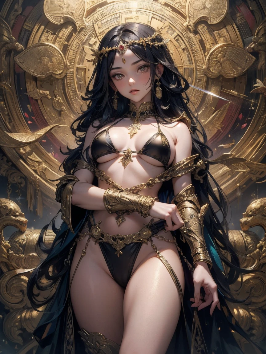 (masterpiece, top quality,  top quality ,  Official Art,  beautiful and aesthetic:1.2), ( 1 girl),  Extremely Detailed, colorful , Best Details ,  Official Art,  Unity 8K Wallpaper ,  ultra detail,  beautiful and aesthetic,  beautiful, masterpiece,  top quality , (zenTangle, Mandala, Tangle, enTangle) , Sacred Light ,Gold Leaf,Gold Leafアート, Glitter Drawing , Perfect NWSJ magic, buster-sword , bikini armor, 