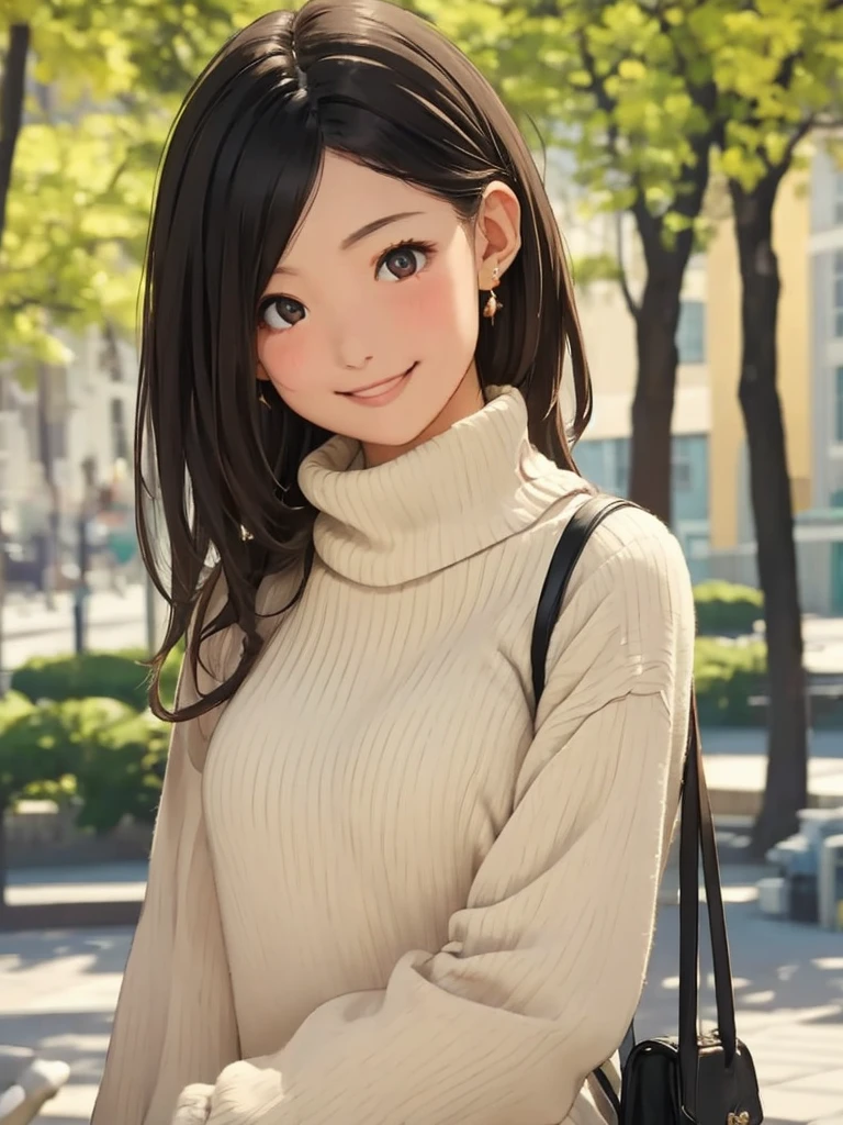 masterpiece、 high res、 1 girl、solo、woman、smile、blush、Mid-chest、 slimming、 real、20 years old、wool high neck sweater mini dress、 earrings for women with first name、A sunny day at the park  、  cowboy shot