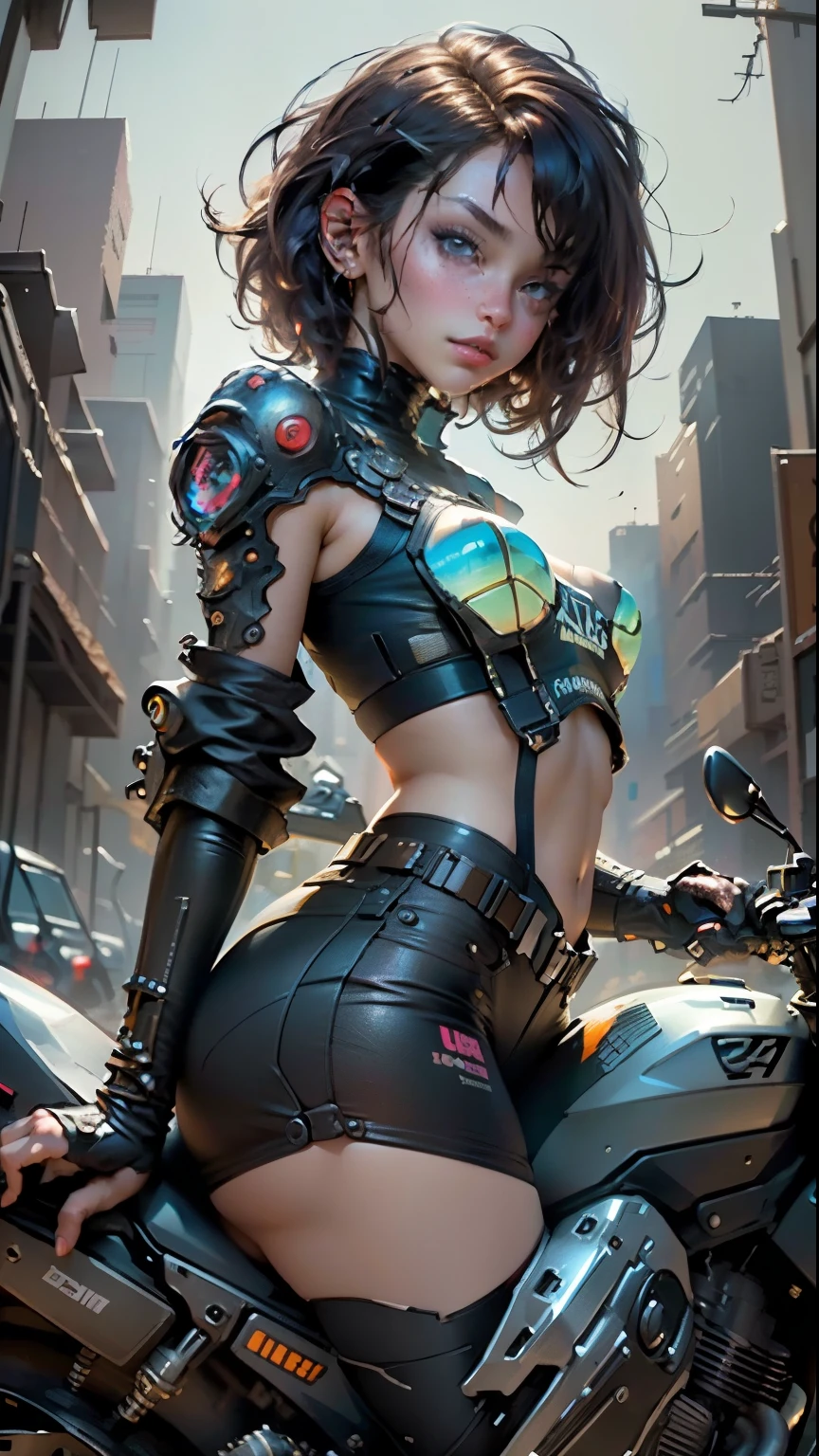 a beautiful cyberpunk girl with short hair riding a motorcycle, wearing a short outfit that reveals her thighs, looking at the viewer from below, with a cute face and focus on the eyes, 1girl, zettai ryouiki, (best quality,4k,8k,highres,masterpiece:1.2),ultra-detailed,(realistic,photorealistic,photo-realistic:1.37),HDR,UHD,studio lighting,ultra-fine painting,sharp focus,physically-based rendering,extreme detail description,professional,vivid colors,bokeh,cyberpunk,sci-fi、fisheye、from below