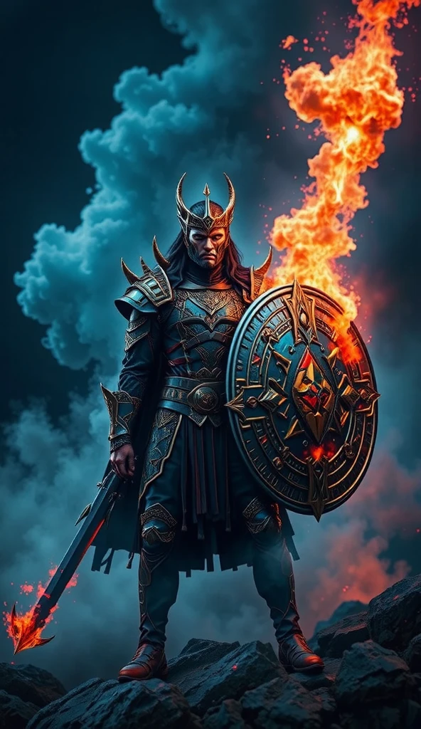 Full body image of a warrior from the future in a black metallic dragon armor, in one hand he has a huge round shield, in the other hand he has a huge Excalibur sword with fire, the stones raise the power. smoke envelops the warrior and red and black fire rises through the sky, super detailed image, hd, 4k, 8k, realistic, night