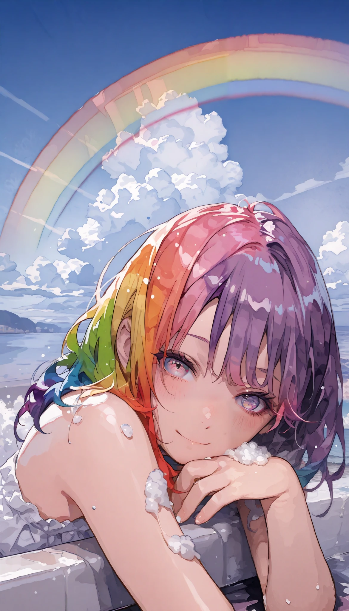 (masterpiece, top quality, top quality , watercolor ( medium ), Official Art, beautiful and aesthetic : 1.2), ( 1 girl: 1.3), ( fractal art : 1.3), , Good , smile, sunny day, cheerful, look viewer, pattern, wave, (Rainbow Hair, colorful Hair: 1.2), null, gas, cloud, colorful , soap bubbles