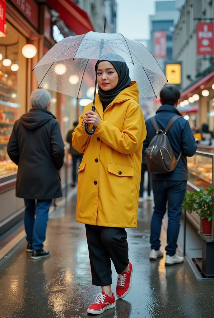 japan girl walking at shop lot in drizzle with tranparent umbrella , wear yellow raincoat , red sneakers few people , side view , faced camera , 35mm film