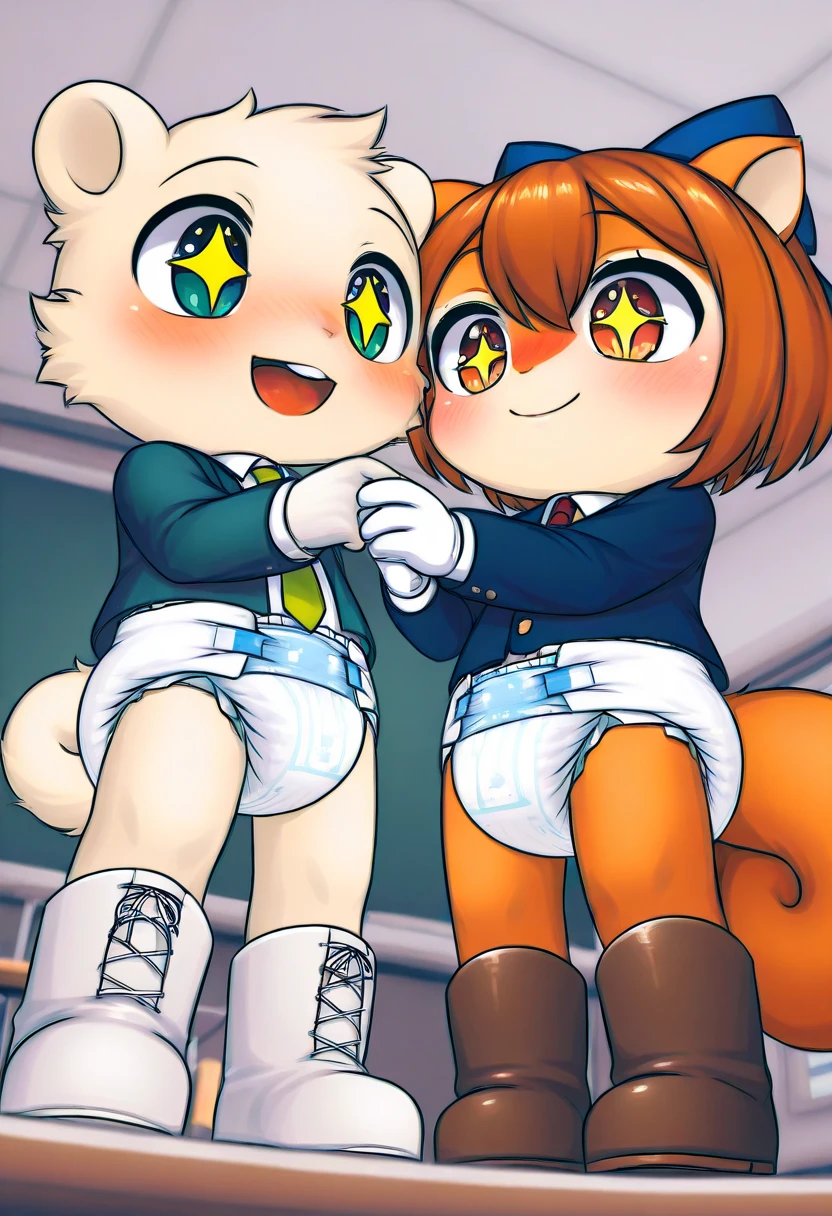 2boys, squirrel, furry, bodyfur, tail, collar, bra, bottomless, gloves, boots, chibi, sparkling eyes, idol, hair bow, happy, full body, penis, testicles, shota, festival, spread legs, sex