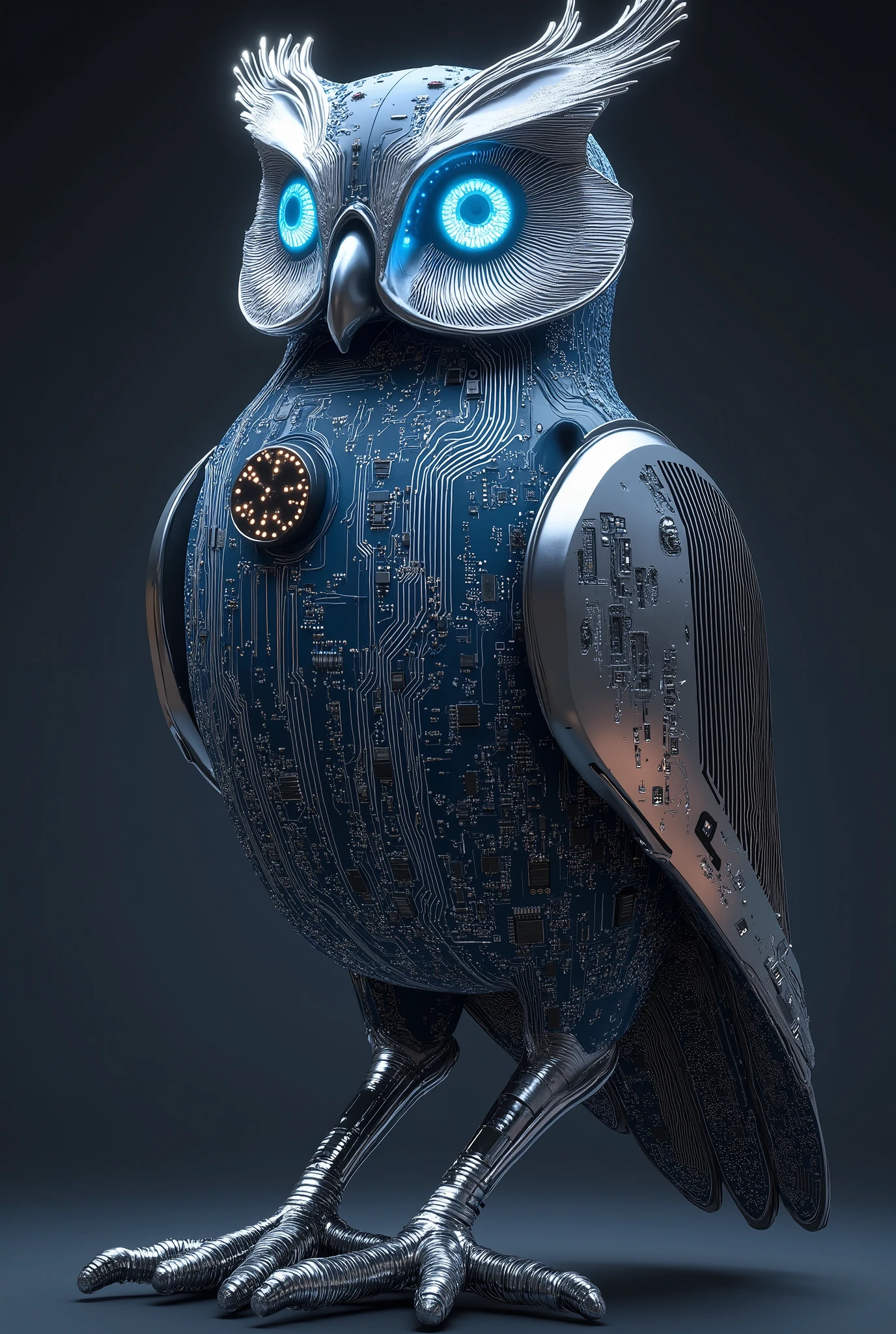 An owl composed of circuit paths, with quantum processor-like eyes that glow with an ethereal light. The motherboard texture covers its feathers, while silver traces form the wings and talons. Color scheme of midnight blue and silver, rendered in 3D with photorealistic detail.