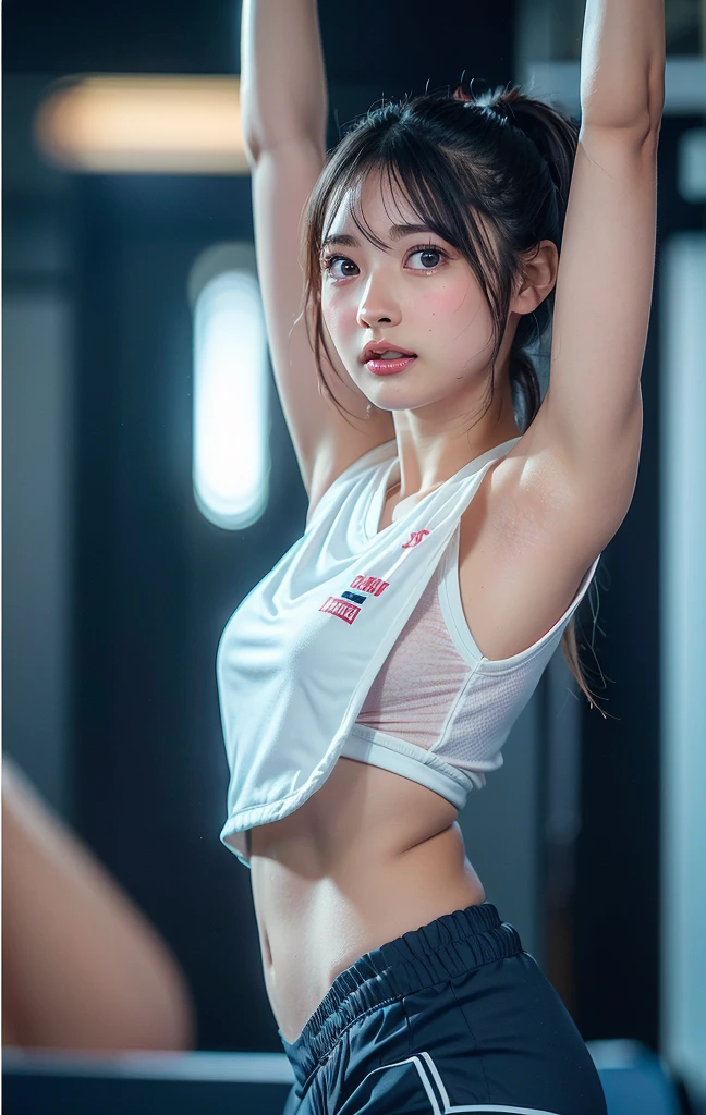 (masterpiece:1.2), highest quality, high resolution, realistic, (One Japanese girl is standing, The girl is a cute tennis player and 10-year-old, (Not wearing a bra, small breasts, The shape of the nipples can be seen through the clothing), upper body, Baby Face, Small breasts, slender ,Young appearance, (((sweaty armpits))) , Armpit depression, Oiled shiny armpits:1.15 , Shiny armpits:1.15