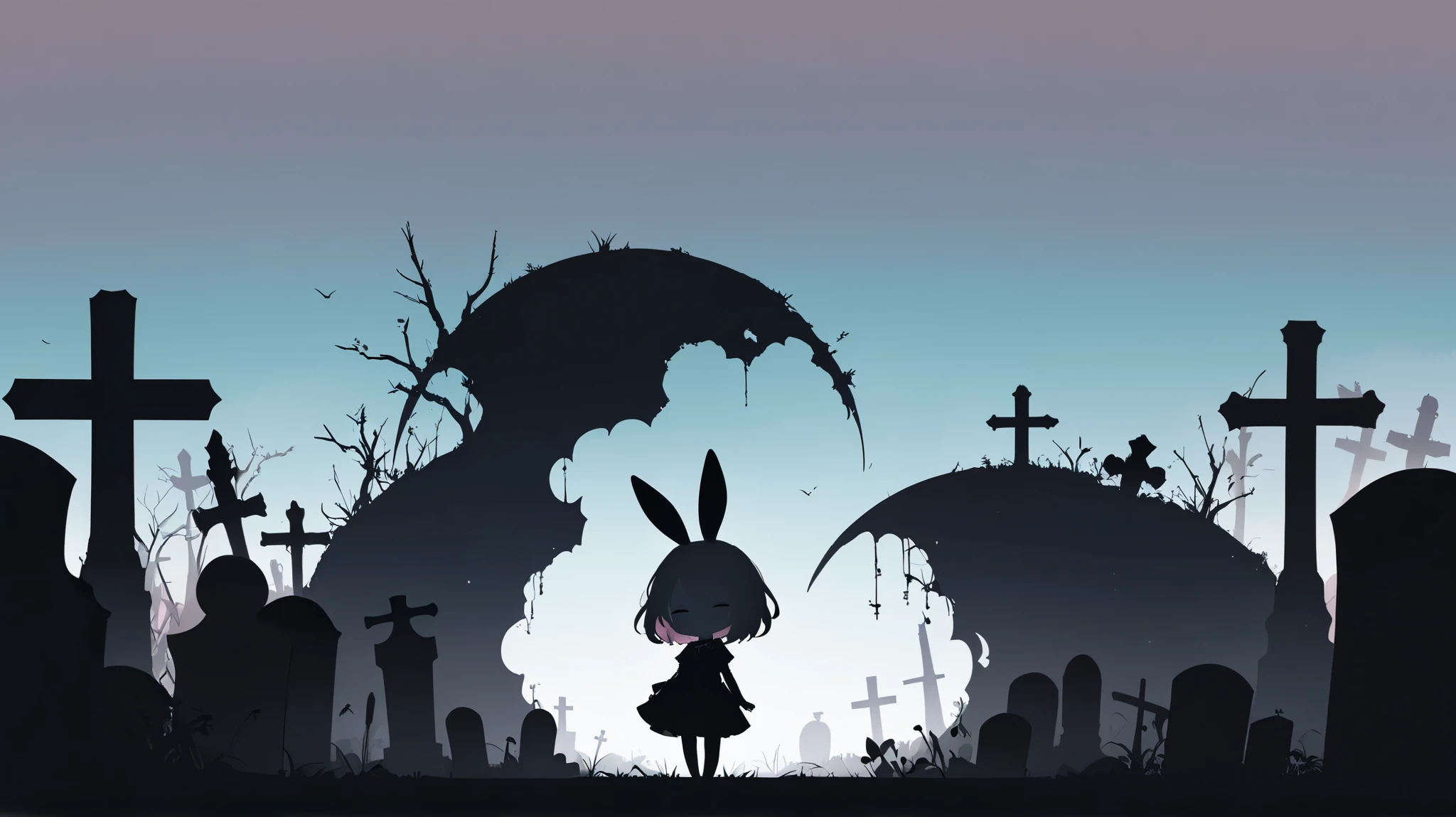 Flat Design, Silhouette Art,anime style, 1chibi character\(short hair, bunny ears, closed eyes,white skin,peaceful expression,[monochrome,dark gothic illustration:Pastel gradation color,dreamy illustration:0.3],\),solo,gentle glow, gradient background,gray and soft blue and soft pink,derelict graveyard, focus on silhouette symmetry,best quality, minimalism, simple background, 