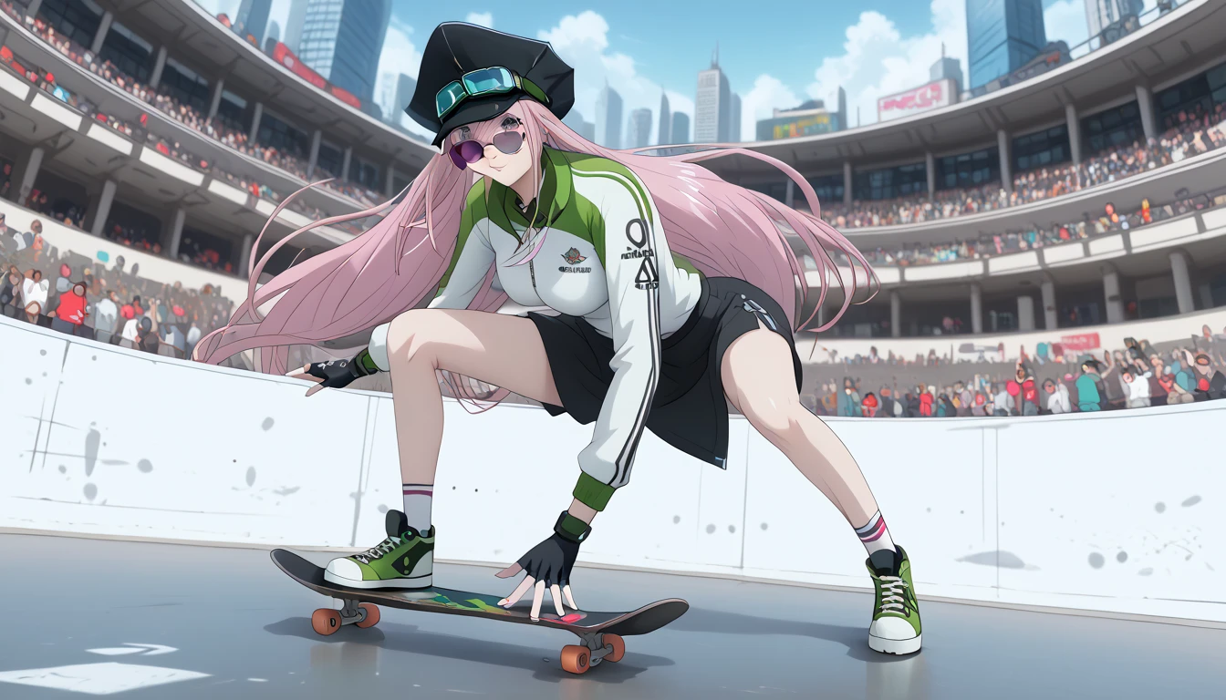 Simca from Air Gear, ( masterpiece,  Best Quality, unity 8k wallpaper,  highres icon),  very slim:1.4), ( perfect arms and hands ,  perfect anatomy ), 1milf, alone, luscious huge boobs,  long hair, grey eyes, pink hair, hat, goggles, Peaked cap,  safety glasses on headpiece ,  fingerless gloves , riding a Skateboard in a crowded area with people, urban girl fanart, Anime-Stil 4k, Skateboarding, Anime-Stil-Illustration, Skateboard, Skateboarder style