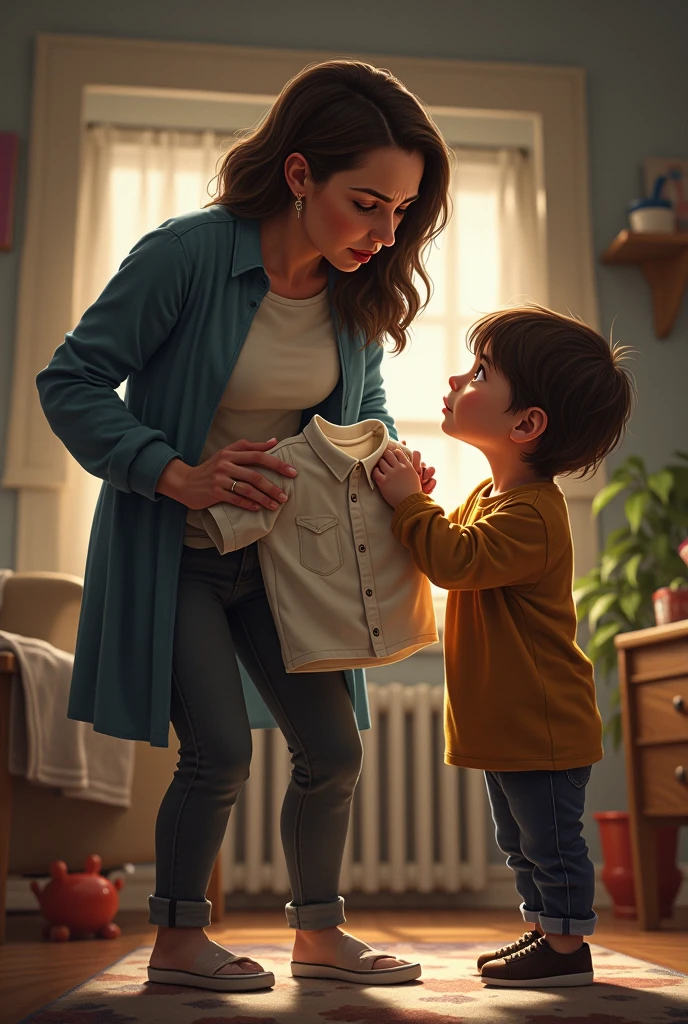 A LADY GIVING A SHIRT TO A BOY

