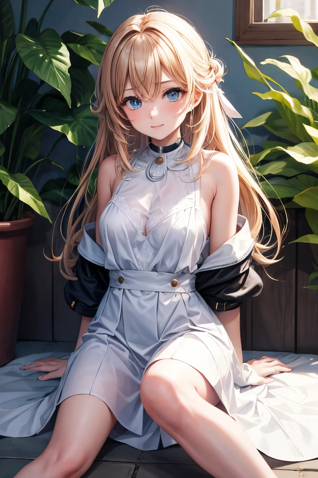 A girl with flowing golden hair and mesmerizing blue eyes, wearing an elegant white dress, standing in the midst of a vibrant garden filled with blooming flowers and lush greenery. The sunlight gently illuminates her delicate features, casting a soft glow on her flawless skin. She holds a delicate butterfly in her hand, while a gentle breeze swirls around her, causing the flowers to dance in harmony. The scene is captured in a breathtaking oil painting, with every detail meticulously crafted to create a masterpiece. The colors are vibrant and vivid, with a hint of ethereal pastel tones, giving the artwork a dreamlike quality. The lighting is soft and diffused, creating a serene and tranquil ambiance. The high-resolution image showcases the artist's impeccable skill, capturing every intricate detail with precision. The overall atmosphere exudes a sense of beauty, grace, and enchantment. The artwork is reminiscent of classical portraits, with a touch of fantasy and whimsy, evoking emotions of wonder and awe.