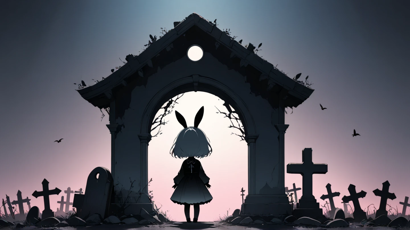 Flat Design, Silhouette Art,anime style, 1chibi character\(short hair, bunny ears, closed eyes,white skin,peaceful expression,hzk,[monochrome,dark gothic illustration:Pastel gradation color,dreamy illustration:0.3],\),solo,gentle glow, gradient background,gray and soft blue and soft pink,derelict graveyard, focus on silhouette symmetry,best quality, minimalism, simple background, 