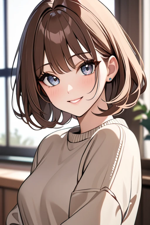 Highest quality, masterpiece High resolution masterpiece,Brown hair, Grey Eyes, smile, sweater, big eyes