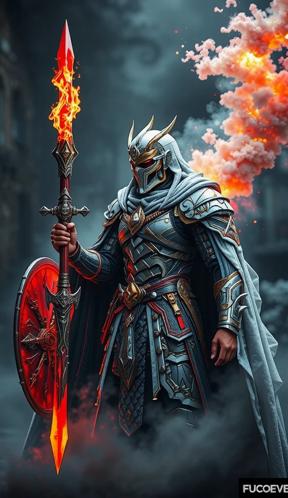 Full body image of a warrior from the future in a white and black metallic dragon armor, in one hand he has a huge round shield, in the other hand he has a huge Excalibur sword with fire, the stones raise the power. smoke envelops the warrior and red and black fire rises through the sky, super detailed image, hd, 4k, 8k, realistic, night