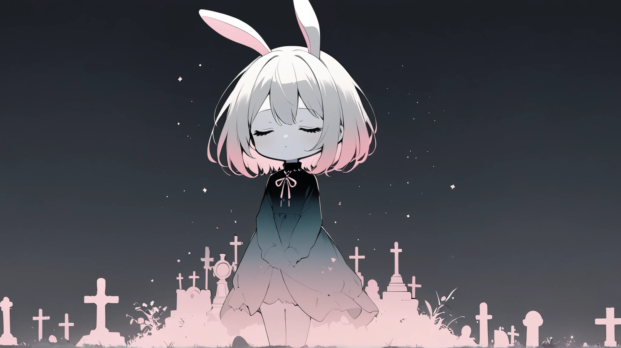 Flat Design, Silhouette Art,anime style, 1chibi character\(short hair, bunny ears, closed eyes,white skin,peaceful expression,[monochrome,dark gothic illustration:Pastel gradation color,dreamy illustration:0.3],\),solo,gentle glow, gradient background,gray and soft blue and soft pink,derelict graveyard, focus on silhouette symmetry,best quality, minimalism, simple background, 