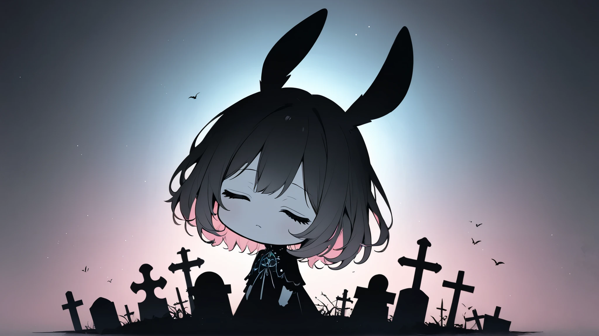 Flat Design, Silhouette Art,anime style, 1chibi character\(short hair, bunny ears, closed eyes,white skin,peaceful expression,[monochrome,dark gothic illustration:Pastel gradation color,dreamy illustration:0.3],\),solo,gentle glow, gradient background,gray and soft blue and soft pink,derelict graveyard, focus on silhouette symmetry,best quality, minimalism, simple background, 