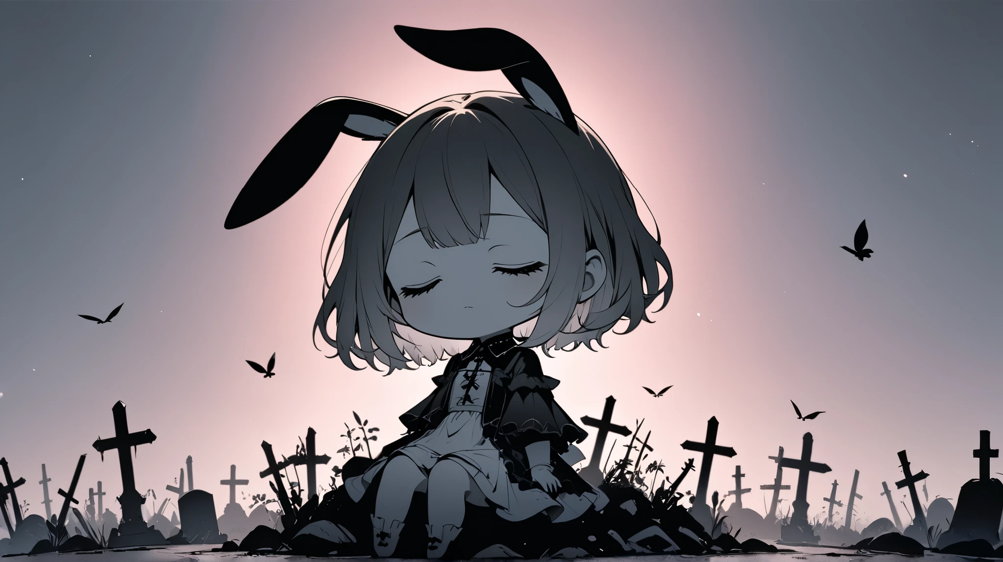 Flat Design, Silhouette Art,anime style, 1chibi character\(short hair, bunny ears, closed eyes,white skin,peaceful expression,hzk,[monochrome,dark gothic illustration:Pastel gradation color,dreamy illustration:0.3],\),solo,gentle glow, gradient background,gray and soft blue and soft pink,derelict graveyard, focus on silhouette symmetry,best quality, minimalism, simple background, 