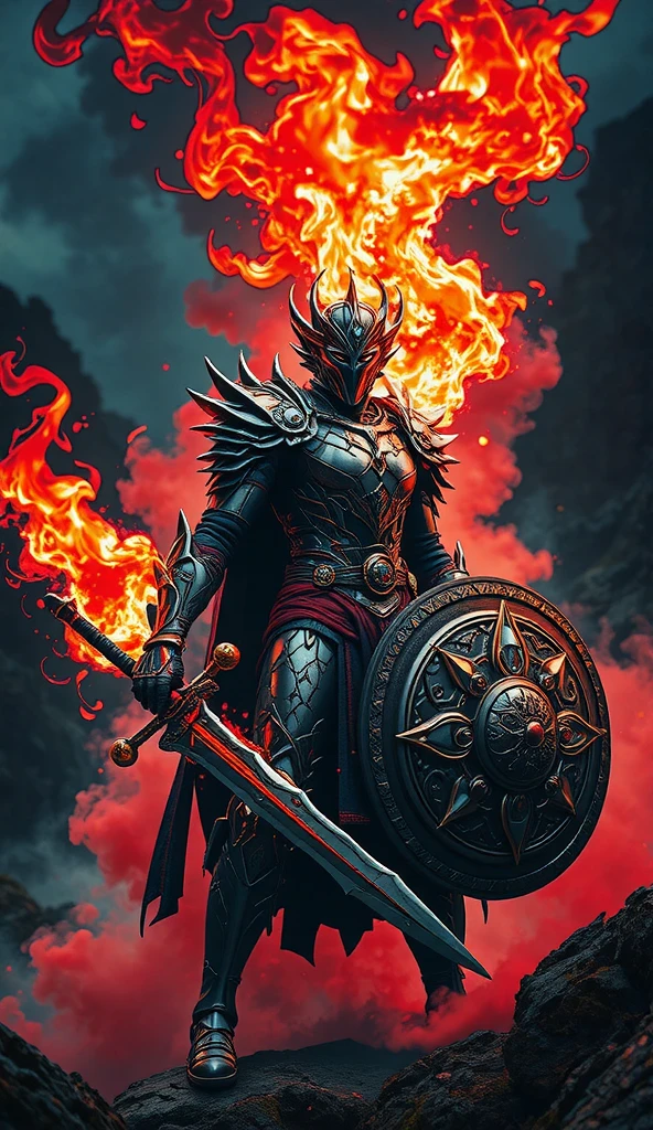 Full body image of a warrior from the future in a white and black metallic dragon armor, in one hand he has a huge round shield, in the other hand he has a huge Excalibur sword with fire, the stones raise the power. smoke envelops the warrior and red and black fire rises through the sky, super detailed image, hd, 4k, 8k, realistic, night