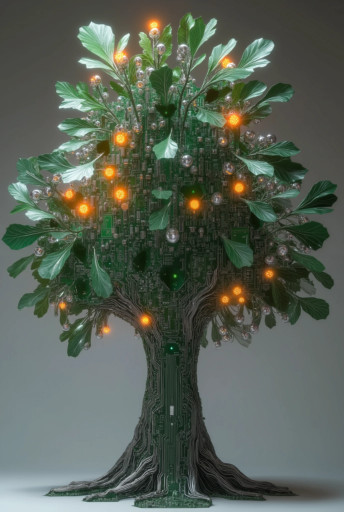 A majestic tree composed of circuit paths, with quantum processor-like nodes at its branches. The motherboard texture covers the trunk and branches, while glowing LED elements represent the leaves. Color scheme of forest green and silver, rendered in 3D with intricate detail.