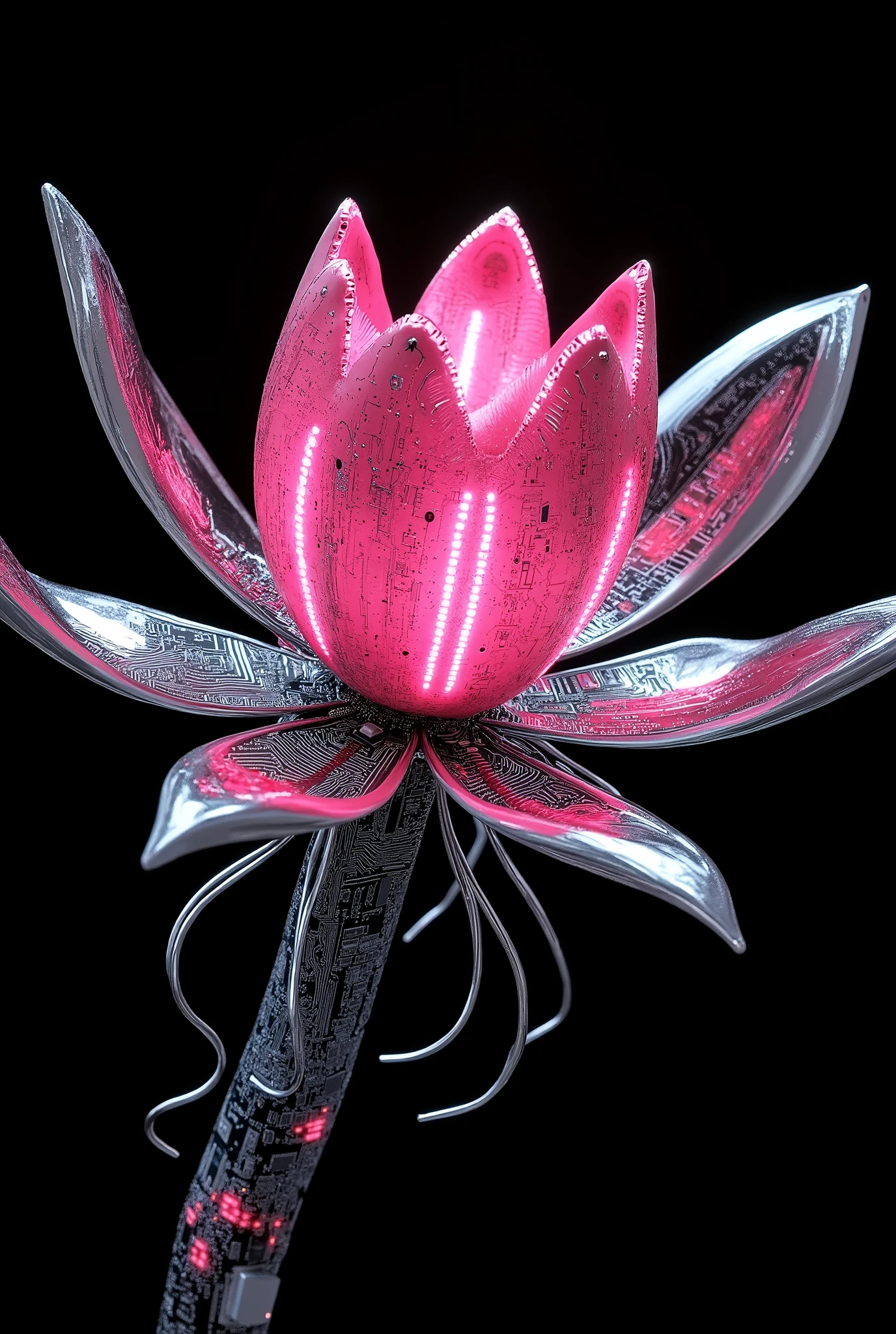 A vibrant flower composed of circuit paths, with luminescent petals that glow softly in the dark. The motherboard texture forms the stem and leaves, while silver traces outline the petals. Color scheme of pastel pink and silver, rendered in 3D with a soft, romantic effect.