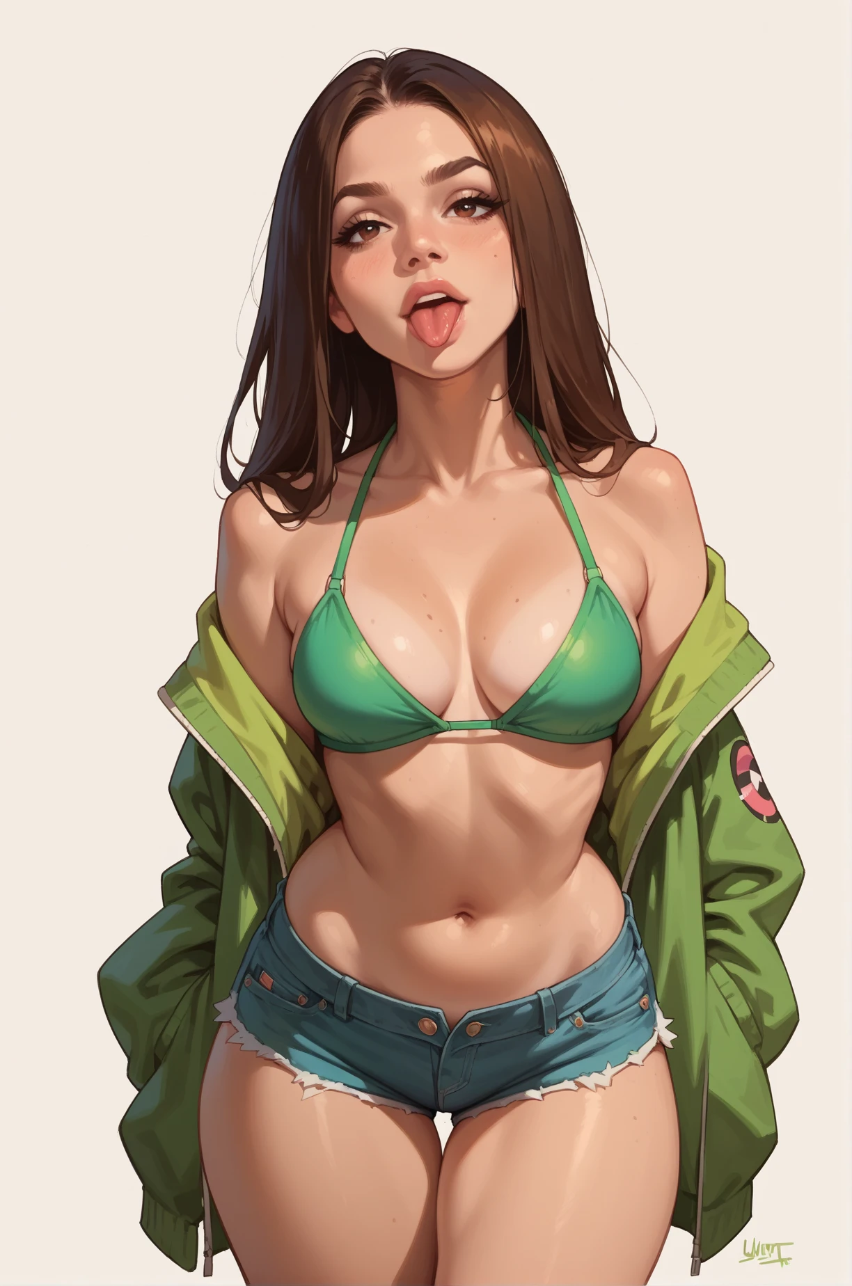 score_9, score_8_up, score_7_up, cartoon of a girl, solo, sexy, slutty, brown eyes, brown hair, straight hair, shorts, green bikini top, cleavage, medium breast, wide hips, thighs, sticking out her tongue, standing, dynamic angle, white background