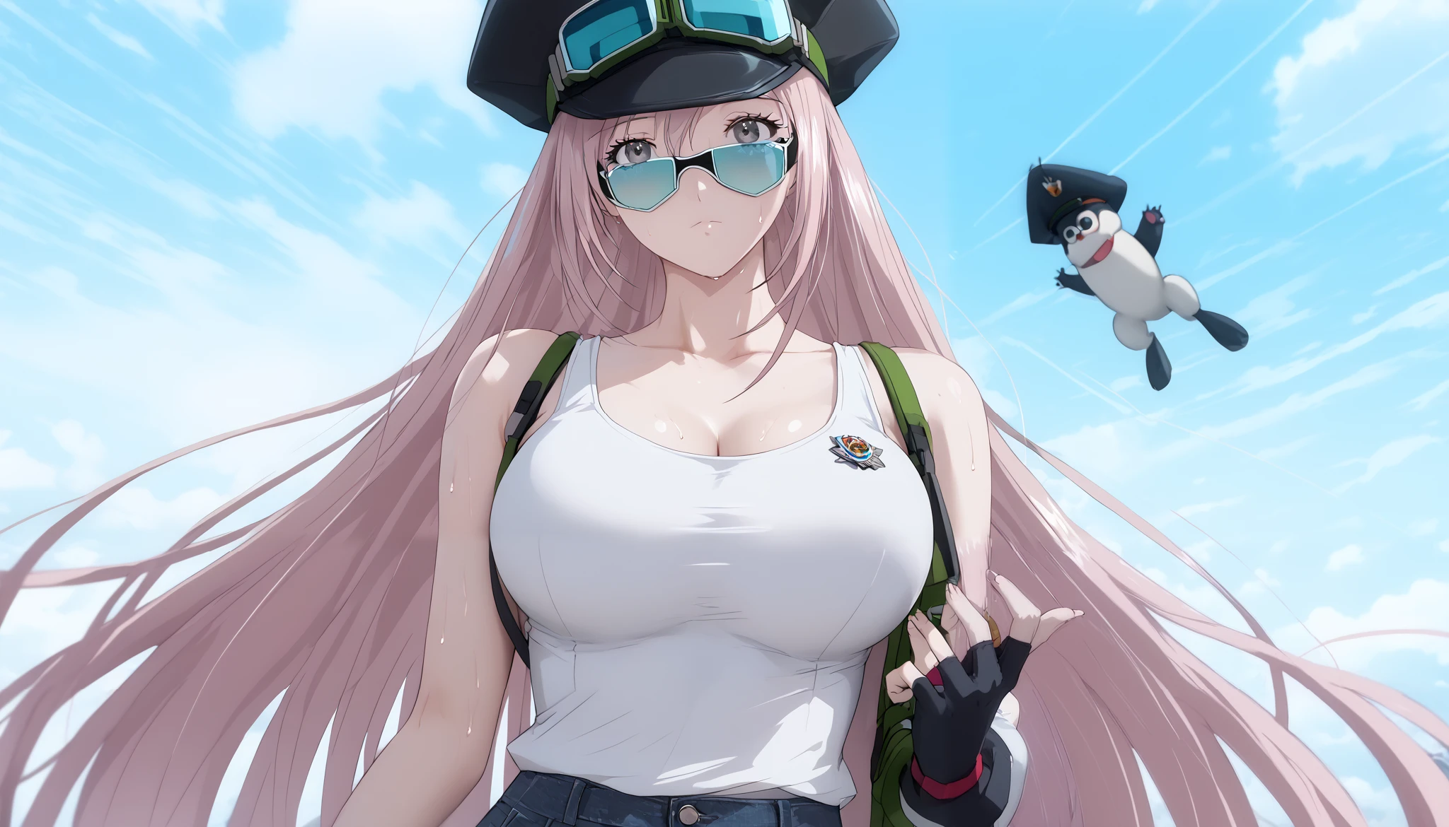 Simca from Air Gear, ( masterpiece,  Best Quality, unity 8k wallpaper,  highres icon),  very slim:1.4), ( perfect arms and hands ,  perfect anatomy ), 1milf, alone, hat, goggles, Peaked cap,  safety glasses on headpiece ,  fingerless gloves , detailed background、reality、8k、 very delicate and beautiful ), ( beautiful girl :1.2), (beautiful skin:1.3), (best body:1.3), (expressionless :1.2), (  Very long hair:1.3), (rosa Hair:1.3), (beautiful hair:1.2), (grey eyes:1.3), (well-formed,  big breasts :1.2), ( white tank top :1.3), (No sleeve:1.2), (Jeans-Shorts:1.1), (sweat:1.2), (sweatで濡れる:1.5), (light skin:1.3), (super close), (close-up of the upper body:1.3),
