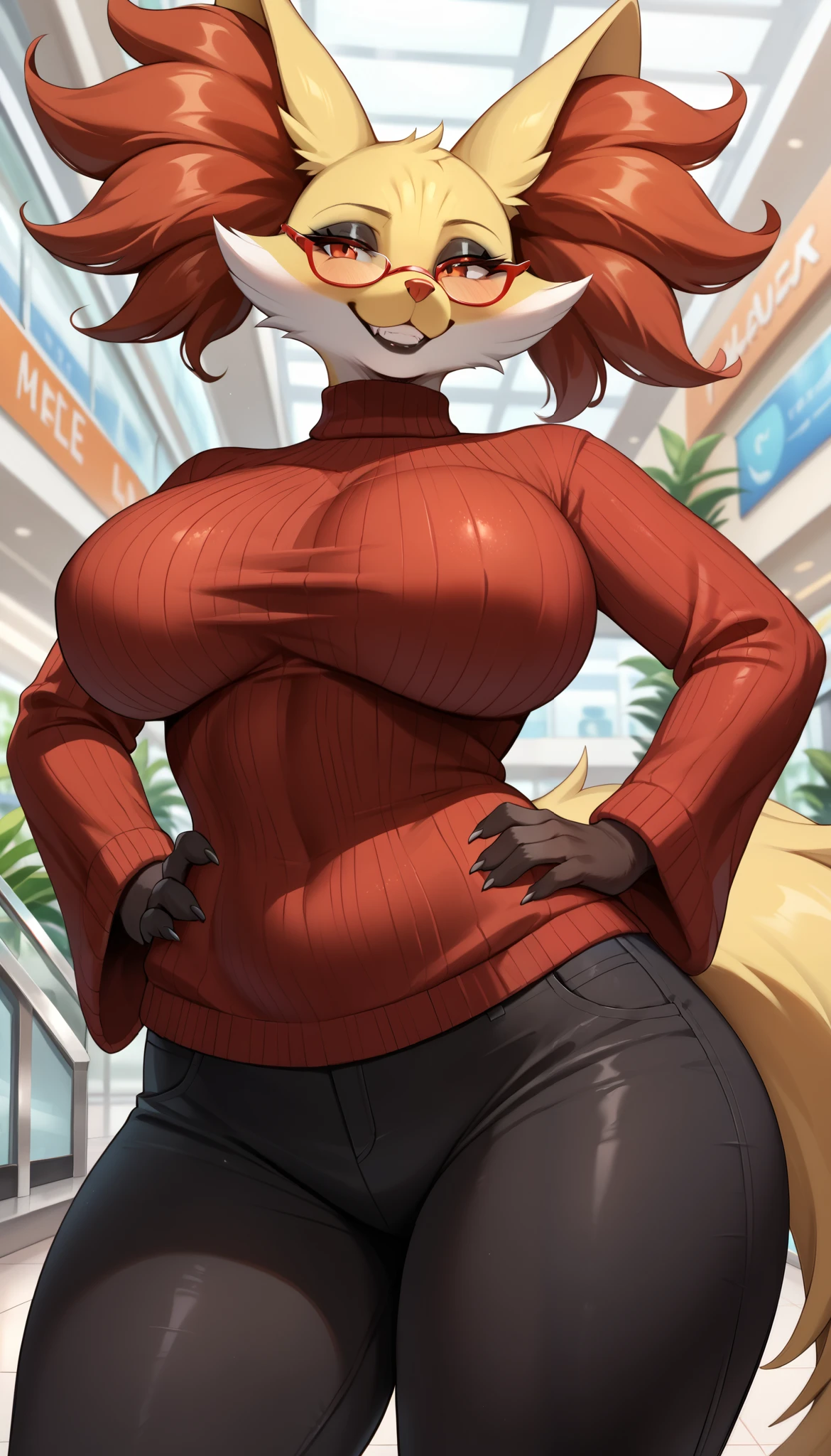 score_9, score_8_up, score_7_up, source_anime, source_furry, (beautiful, detailed background, digital artwork, digital art, well shaded artwork, depth, detailed artwork)1.2, 1girl, female, furry, anthro, delphox, mall setting, big breasts, natural breasts, wide hips, thick thighs, (mature woman), (milf), black eyeshadow, thick lips, black lips, smirk, cute grin, head tilt, red turtle neck sweater, black leggins, half-closed eyes, red glasses, hands on hips