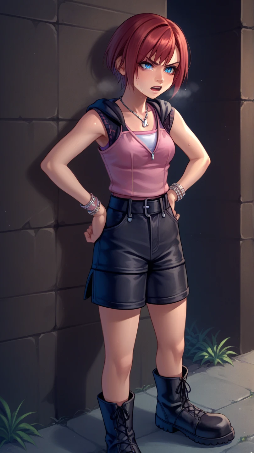 score_9, score_8_up, source_anime, highly detailed, 1girl, solo,
kairi, 1girl, solo, blue eyes, jewelry, boots, necklace, short hair, red hair, pink tanktop, black short shorts, half body,
outdoor, hands on hips, out of breath, sweaty, frustrated expression,  open mouth