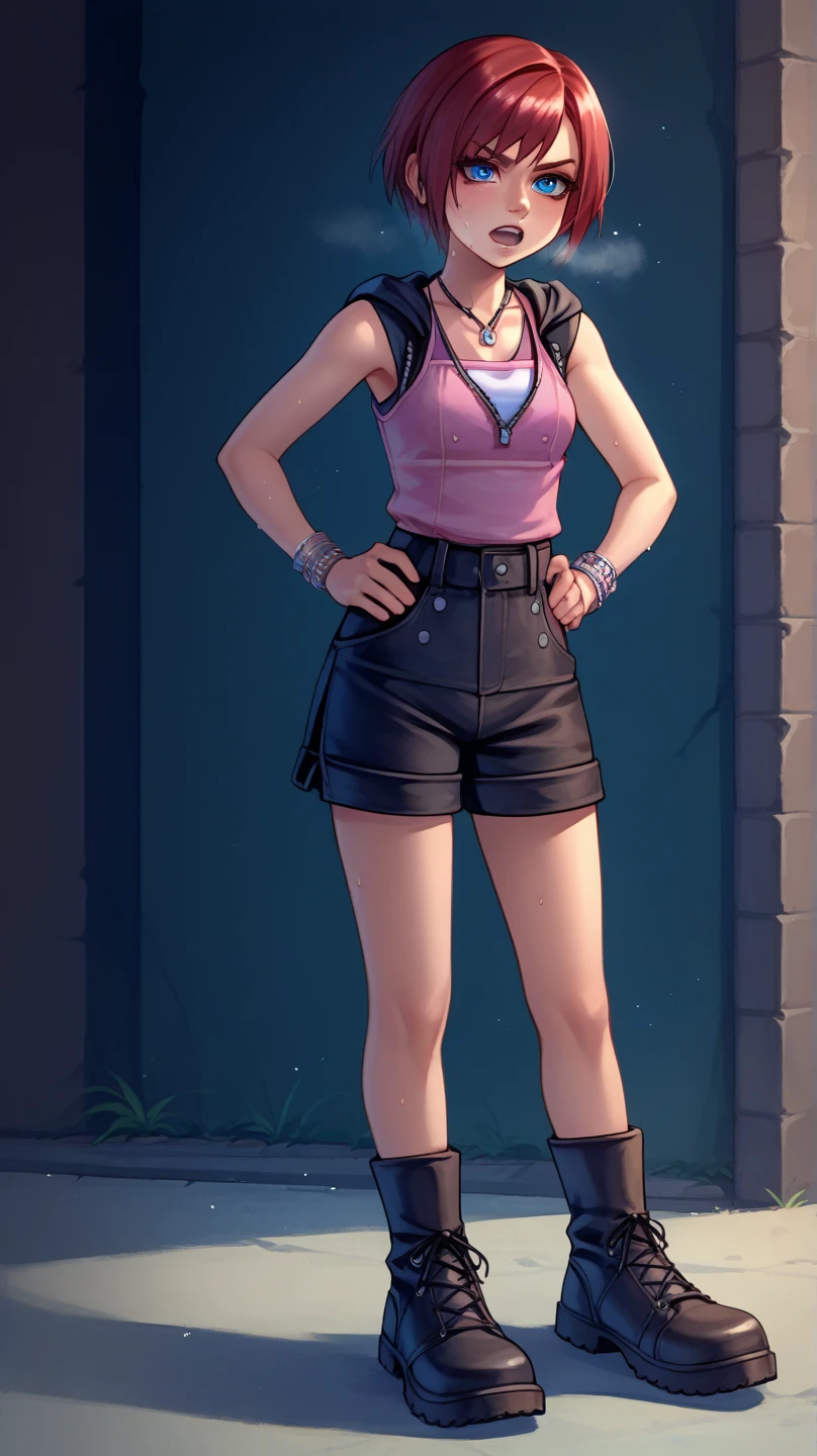 score_9, score_8_up, source_anime, highly detailed, 1girl, solo,
kairi, 1girl, solo, blue eyes, jewelry, boots, necklace, short hair, red hair, pink tanktop, black short shorts, half body,
outdoor, hands on hips, out of breath, sweaty, frustrated expression,  open mouth