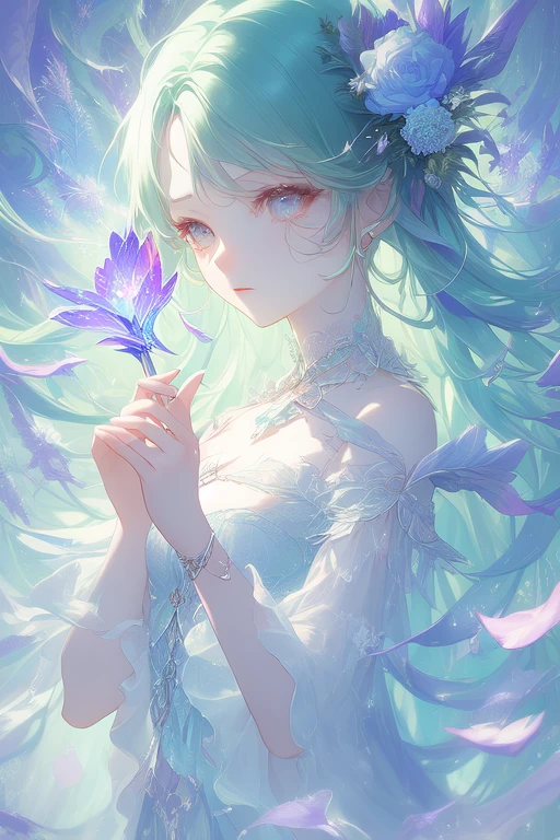 (masterpiece,  Top Quality ,  top quality ,  Official Art,  beautiful and aesthetic :1.2), ( 1 girl:1.3), ( fractal art :1.3), card, Tarot,  green hair,  twin blades,  hair flower, ( good lighting :1.1), (( high res)), Tarot card style