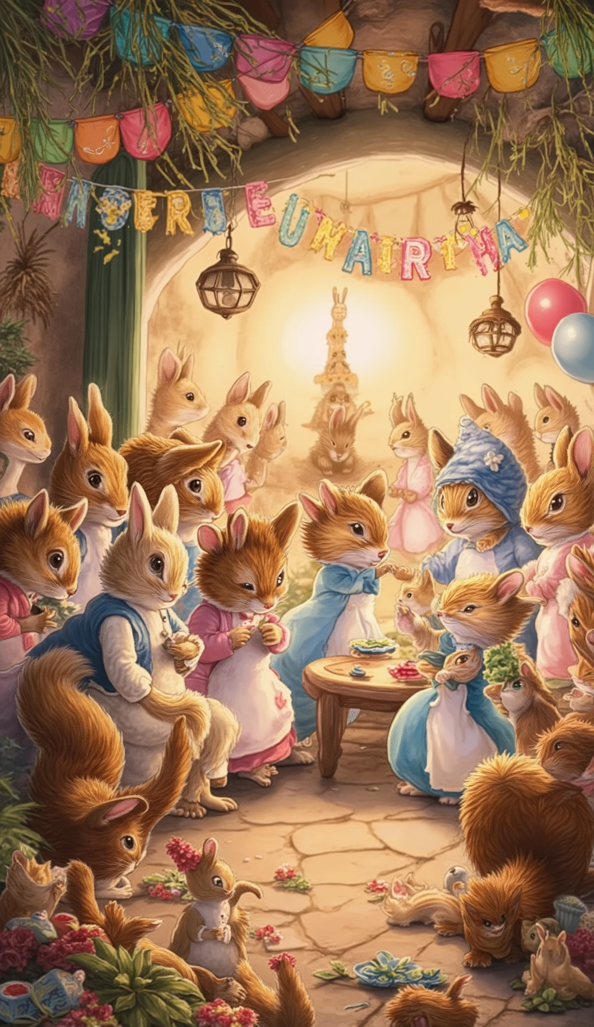 A colorful fiesta of fantasy animal characters, intricate detailed fur textures, vibrant party atmosphere, lively celebration, cute cartoon style, whimsical, playful expressions, dynamic compositions, warm lighting, rich colors, soft focus, highly detailed, 8K, best quality, photorealistic